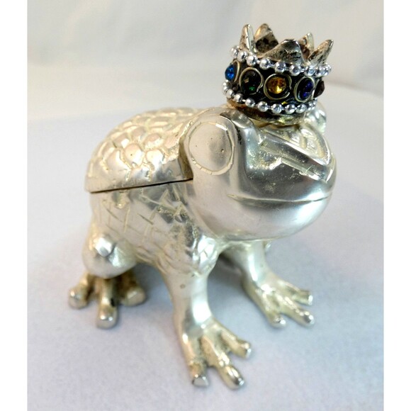 Silly Frog Toad Trinket Treasure Box Metal Hinged Silver Tone with Crown Trinket - Picture 1 of 9